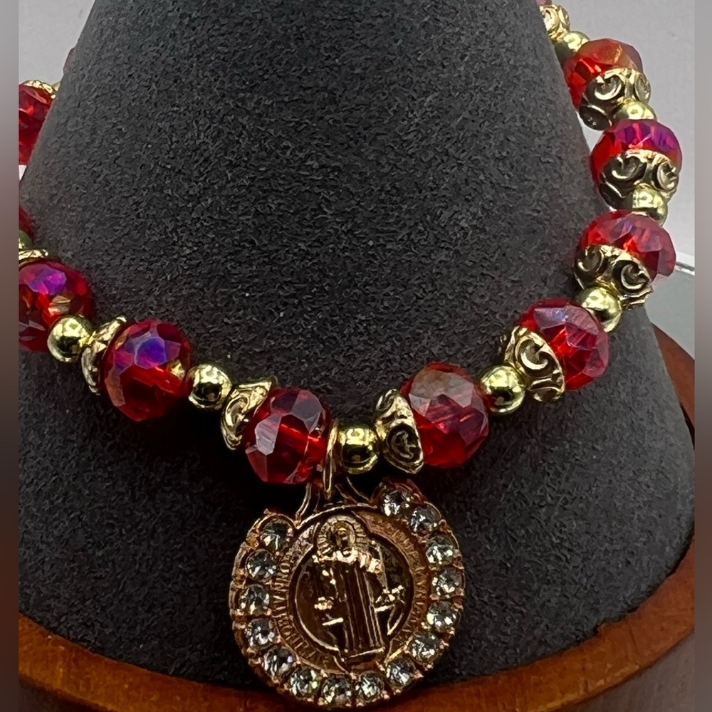 Brand New San Benito Red Crystal Bracelet with Saint Benedict Protection Charm